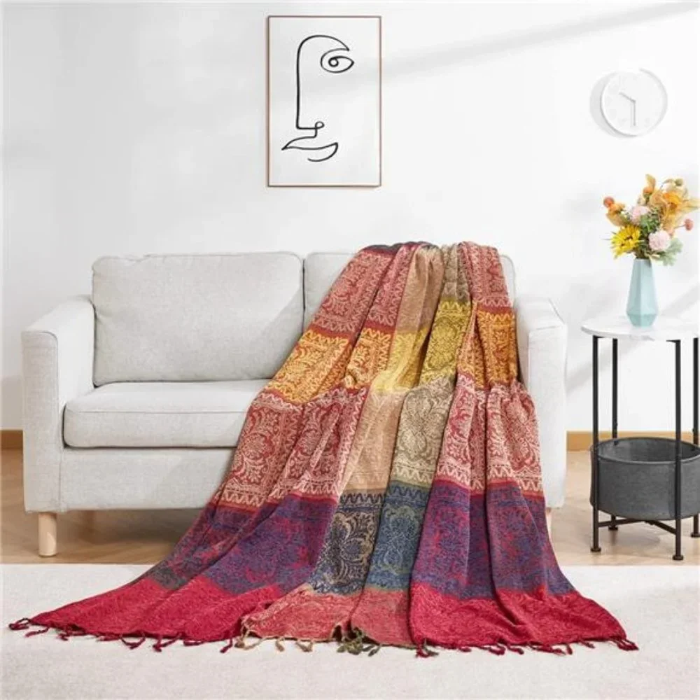 Boho Sofa Cover, Chenille Jacquard Tassels Throw Blankets for Couch bed